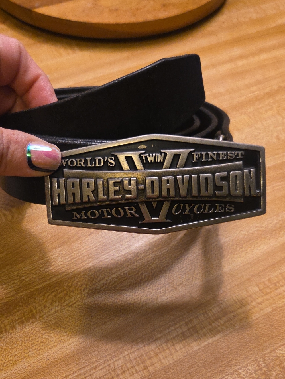 Mens Harley-Davidson Black Leather Belt with Antique Silver Logo Buckle